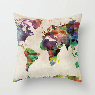 World Map Urban Watercolor Throw Pillow by ArtPause