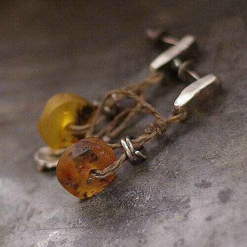 Baltic amber • linen earrings •  sterling silver • stud earrings • yellow amber • gift for her •