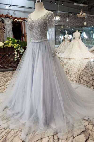 Long Sleeves V Neck Tulle A Line Sequins Prom Dresses PFP0556