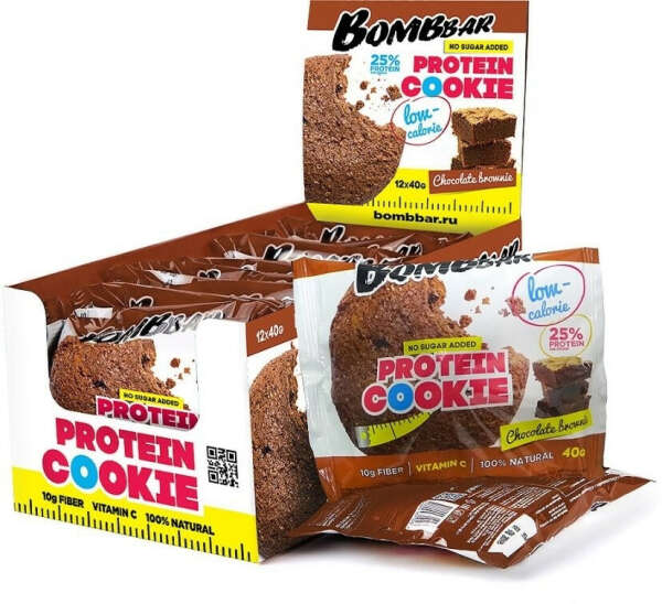 BOMBBAR Протеиновое печенье Bombbar "Шоколадный брауни", низкокалорийное, 12 шт по 40 г