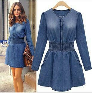 Free Shipping Long Sleeve Elastic Slim Waist  Spring 2014 Denim Dress  High Quality 2086-in Dresses from Apparel & Accessories on Aliexpress.com