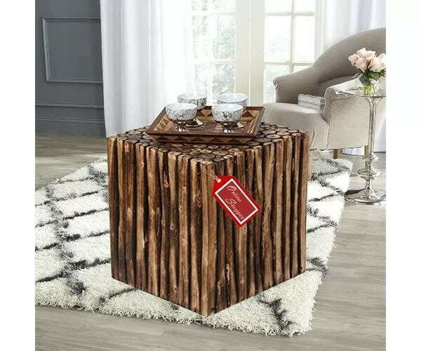 Wooden Square Shape Stool Cum Table Made From Natural Wood Blocks