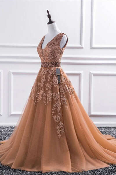 Promfast Champagne V Neck Lace Long Prom Dresses, Lace Formal Dresses, Evening Dress PFP1992