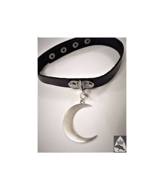 Gothic Silver Toned Crescent Moon Choker Necklace, Non-Leather & Adjustable