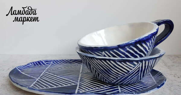 Набор керамической посуды ручной работы в синюю полоску в магазине «Olga Fedichkina» на Ламбада-маркете