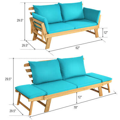 Gymax Adjustable Patio Sofa Daybed Acacia Wood Furniture w/ Turquoise Cushions