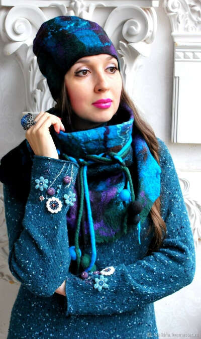 Шерстяной шарф и шапка "В бирюзово-фиолетовом" – купить в интернет-магазине на Ярмарке Мастеров с доставкой