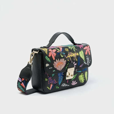 Amantis Black Leather Crossbody Mini Handbag - El Trópico Embroidery Design