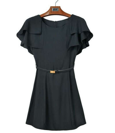 Fashion Ladies Batwing Cloak Design Chiffon Slim Dress With Belt Black