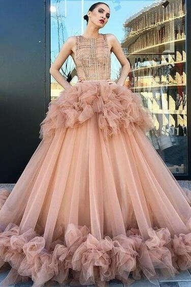 Ball Gown Scoop Ruffles Tulle Long Beautiful Beading Prom Dress,Quinceanera Dresses PFP0021