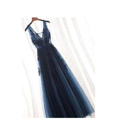 A-Line V-neck Floor length Tulle Prom Dress/Evening Dress With Appliques SKY023