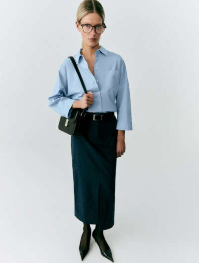 Прямая юбка миди из 100% хлопка с разрезом Темно-синий арт.3121541nh0164 купить в интернет-магазине Pompa