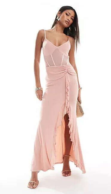 ASOS DESIGN sheer mesh corset detail cami maxi dress with ruffle split in blush pink